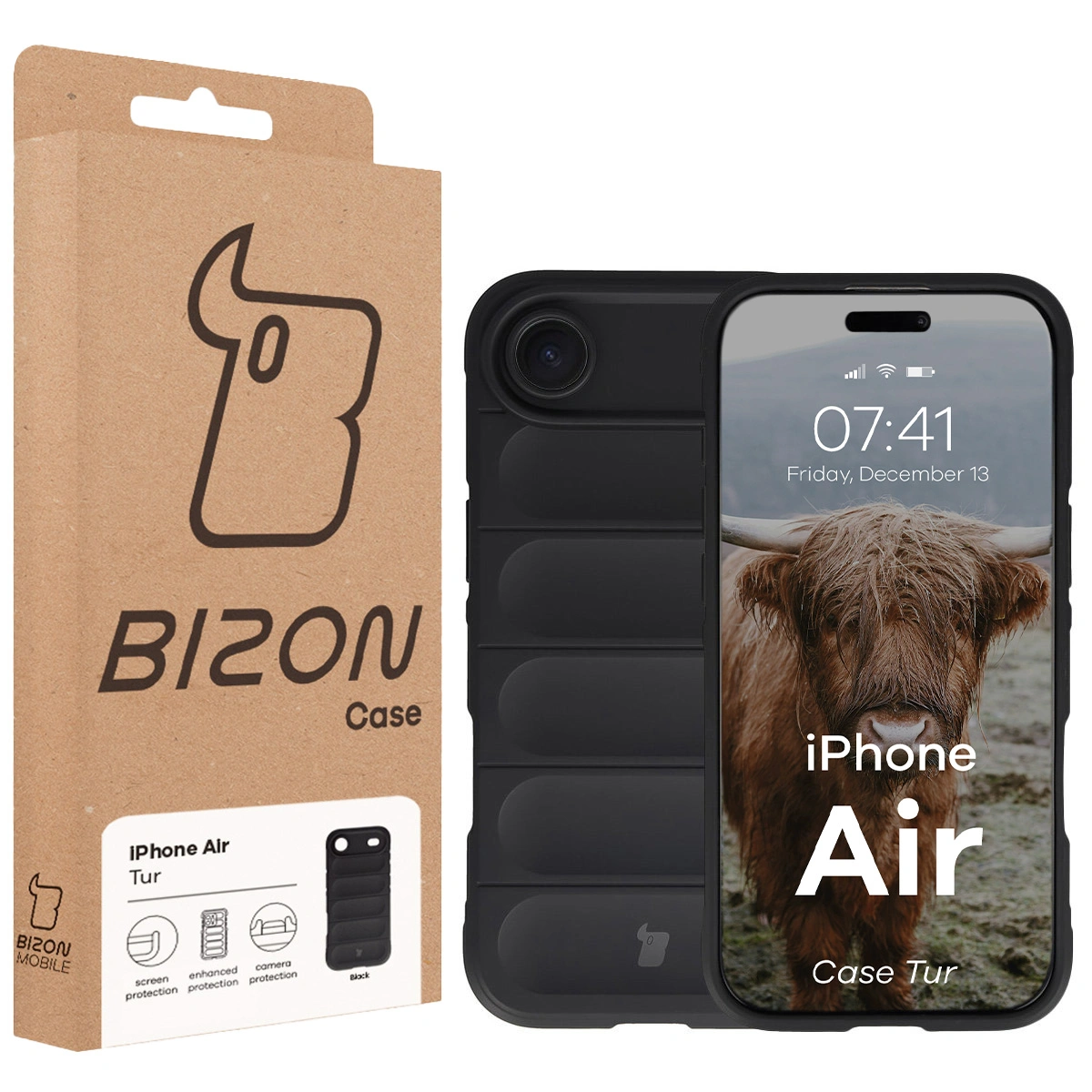 Przód pudełka Bizon Case z dedykowaną etykietą do Apple iPhone Air